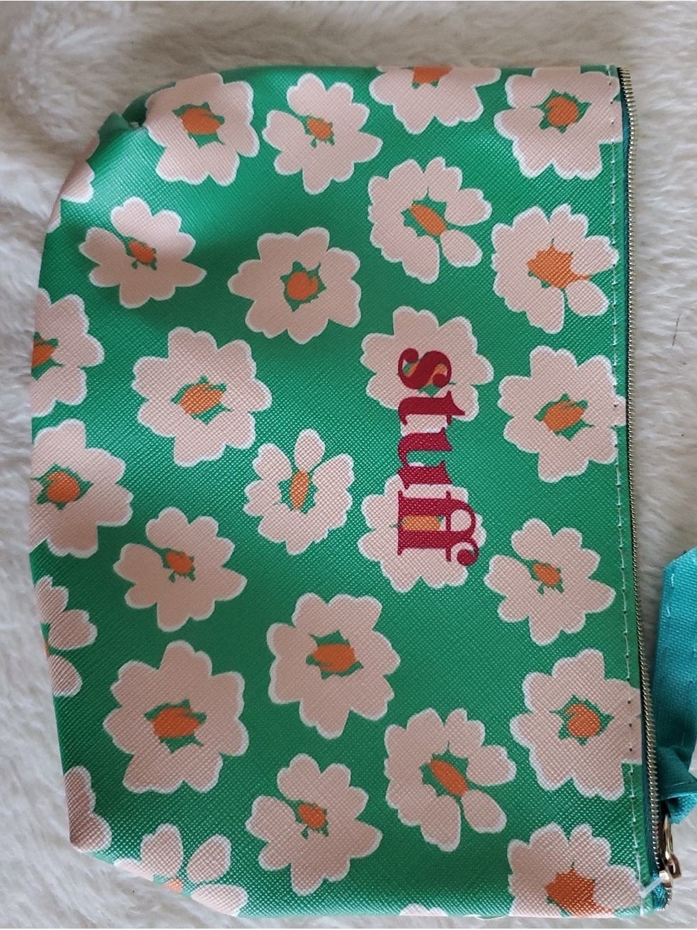 SUNO Green Floral Zipper Pouch with Pink Flowers